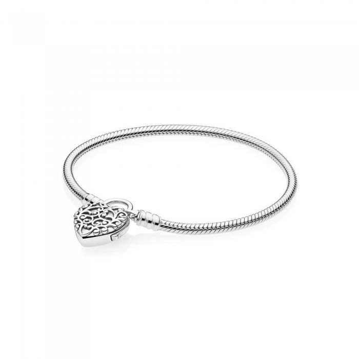 Pandora Bracelet-Smooth Silver Padlock-Regal Heart
