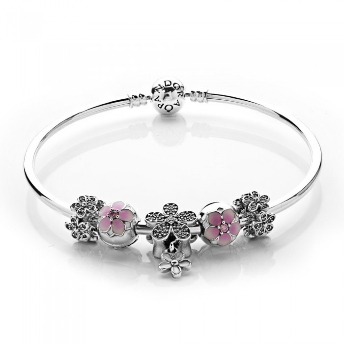 Pandora Bracelet-Dazzling Daisy Floral Complete Bangle-Silver