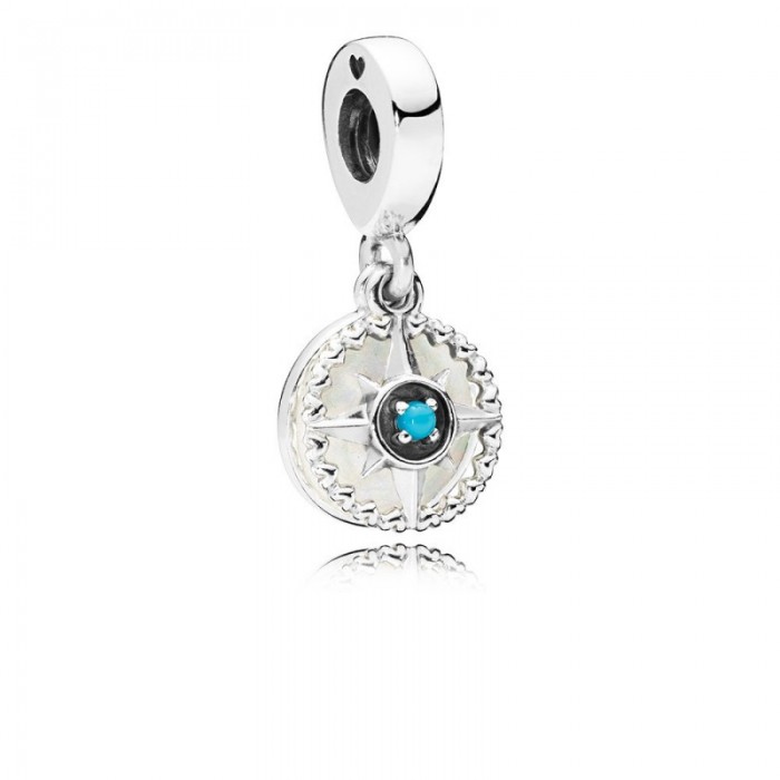 Pandora Charm-Compass Rose Dangle-Silver Enamel Cyan Blue Crystal