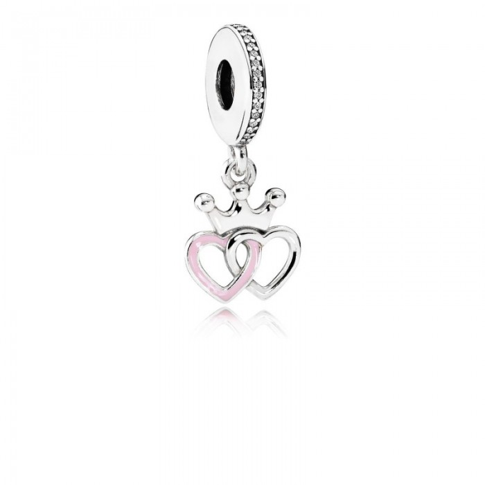 Pandora Charm-Crowned Hearts Dangle-Orchid Pink Enamel Clear CZ