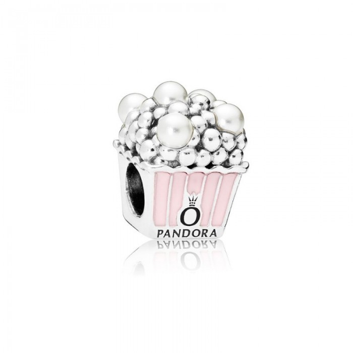 Pandora Charm-Delicious Popcorn-Pale Pink Enamel White Crystal Pearls