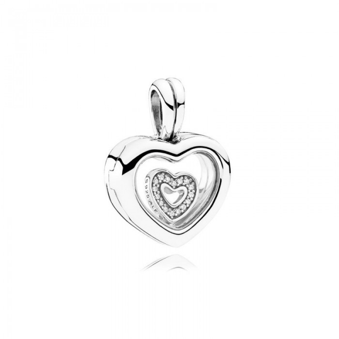 Pandora Charm-Floating Heart Locket-Sapphire Crystal Glass-Clear CZ