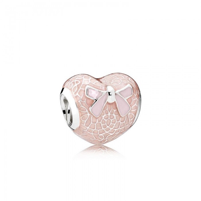 Pandora Charm-Pink Bow Lace Heart-Transparent Misty Rose S t Pink Enamel