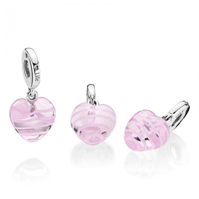 Pandora Charm-Pink Ribbon Heart Dangle-Murano Glass